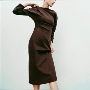 Zara Ruched Long Sleeve Brown Midi Dress (M)